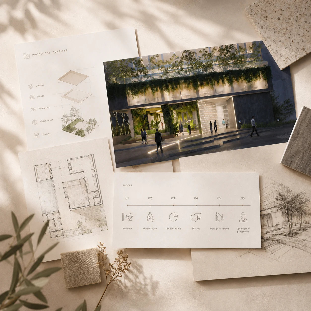 Architectural sketches, plans and material samples from the Synthesis Quatro design process