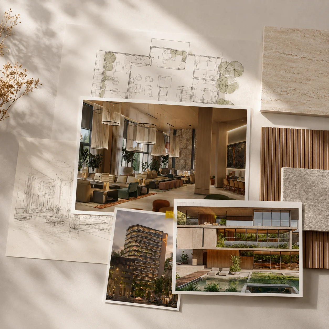 3D visualizations of interiors and exteriors, sketches and material samples by Synthesis Quatro