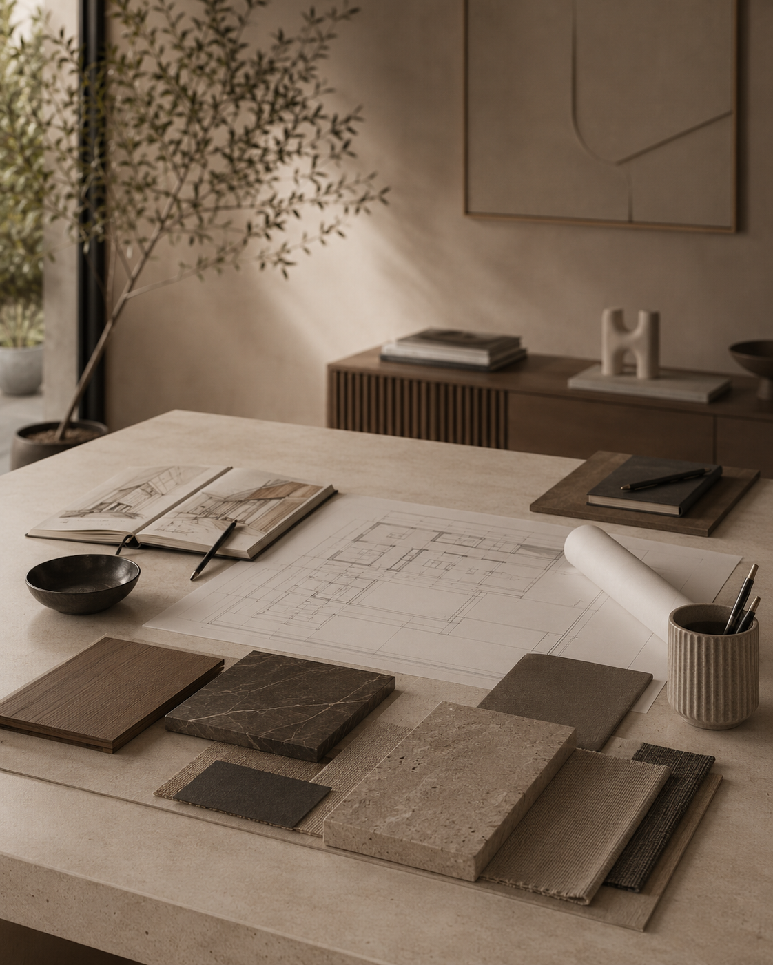 Worktable with drawings, sketches and material samples in the Synthesis Quatro studio